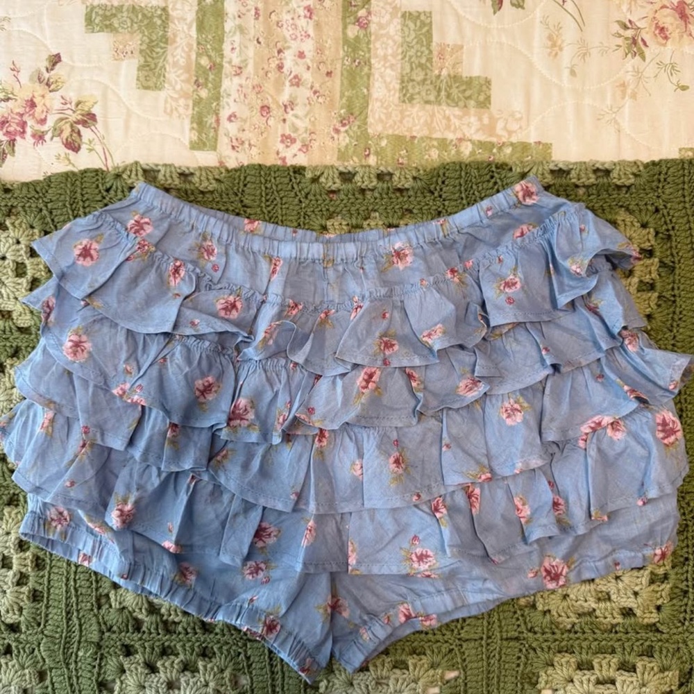 Free People Blue Floral Ruffle Shorts